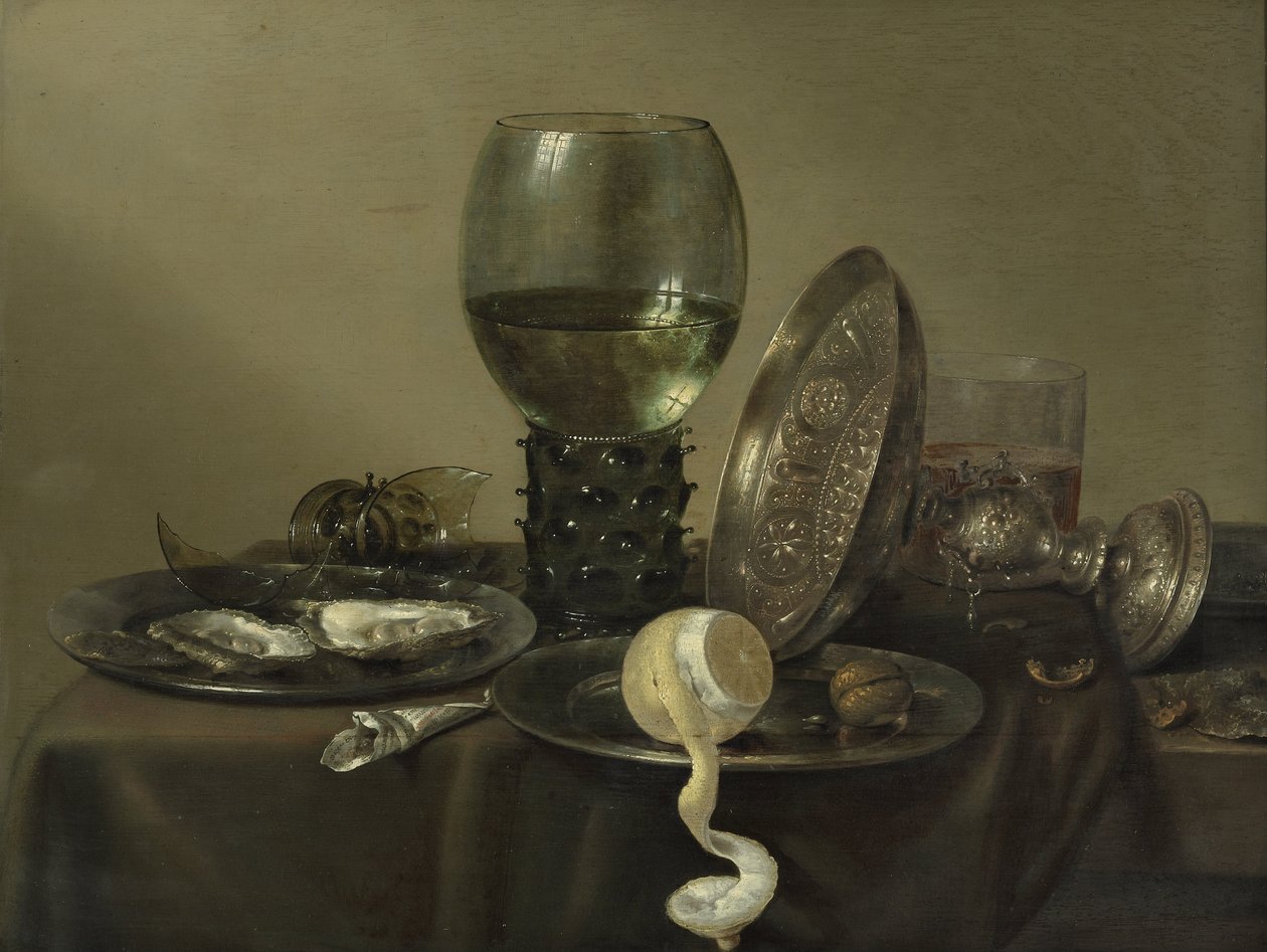 Stilleben med østers, en Rummer, en sitron og en sølvskål av Willem Claesz. Heda