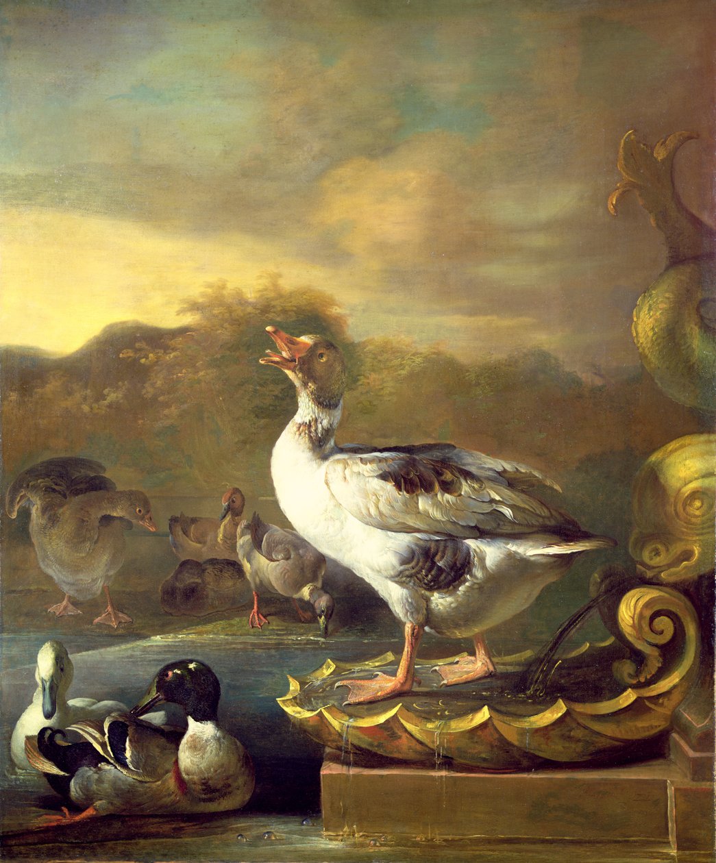 En gås og andre villfugler ved en fontene av Willem Frederik van Royen