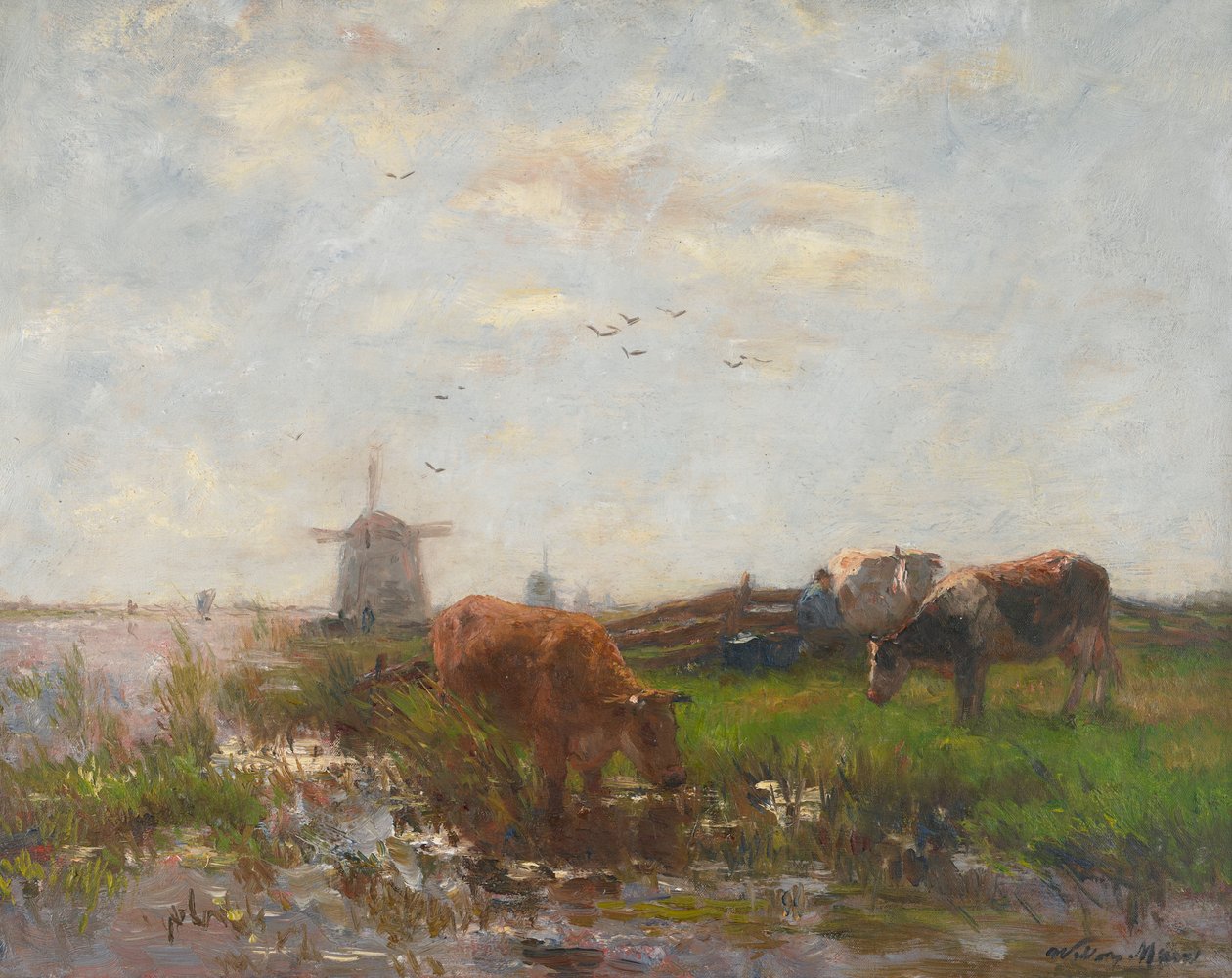 Storfe beiter ved vannkanten, ca. 1880-90 av Willem Maris