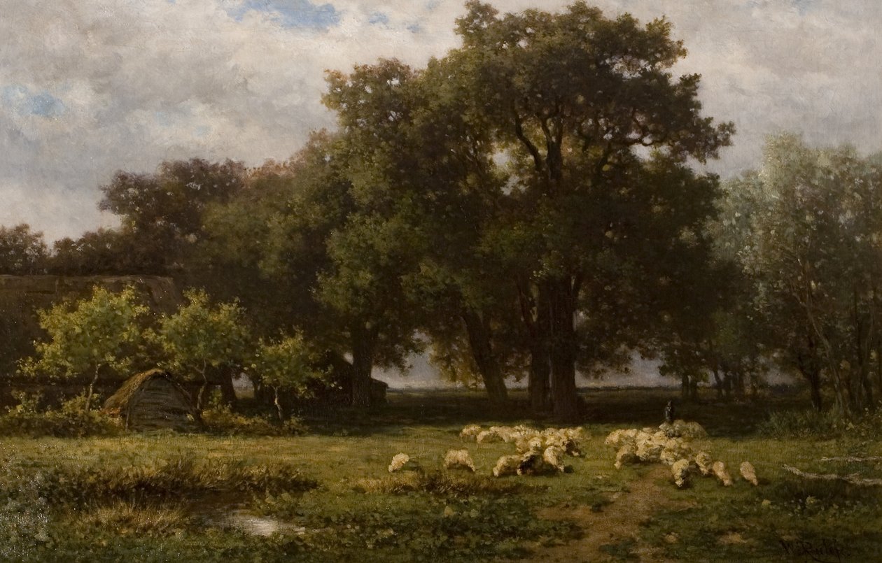 Landskap med sau og låve, midten av 1800-tallet av Willem Roelofs
