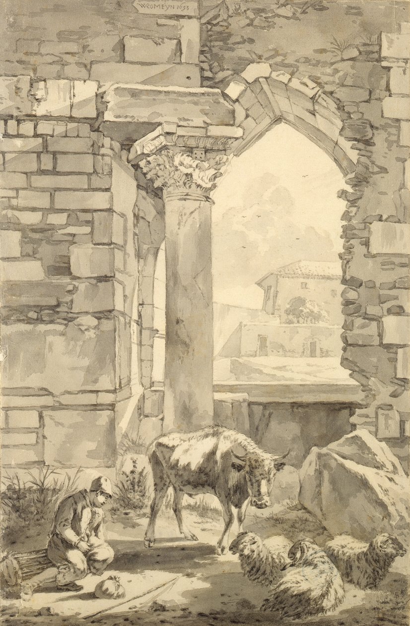 Hyrde med ku og sau i en ruin, 1693 (penn og grått blekk og blyant på papir) av Willem Romeyn