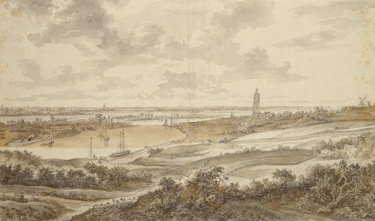 Panorama med byen Rhenen (svart kritt med penn og brunt blekk vask på papir) av Willem Schellinks