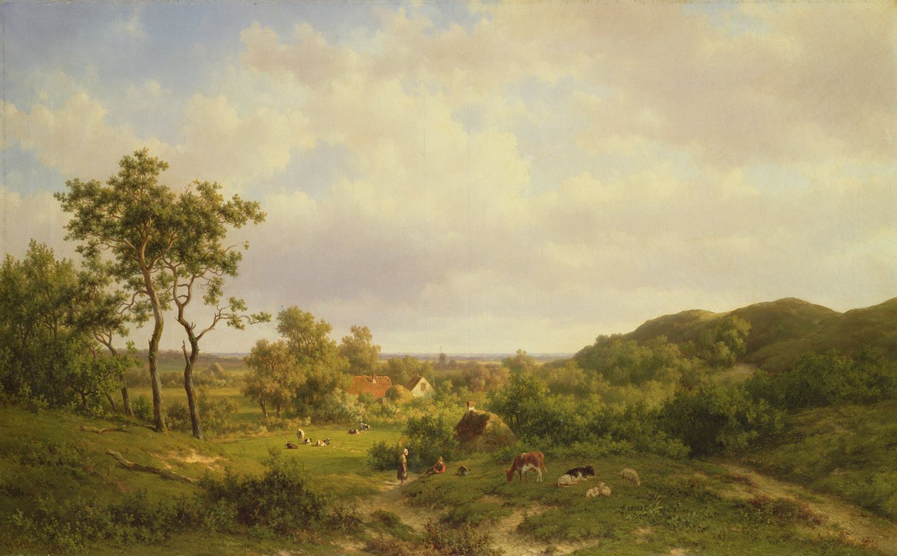 Nederlandsk Landskap med kuer og figurer, 1800-tallet av Willem Vester