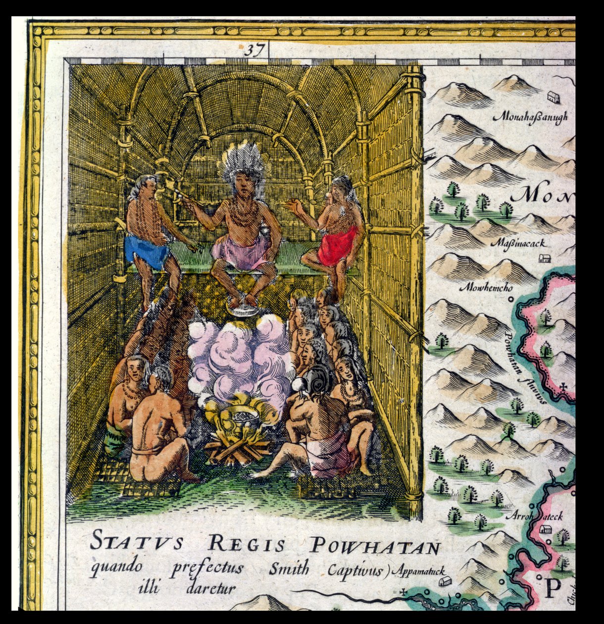 Sjefen for Powhattan-stammen, detalj fra 'Nova Virginiae Tabula', gravert av Jodocus Hondius (1563-1612) og Dirck Gryp, 1647 av Joan Blaeu