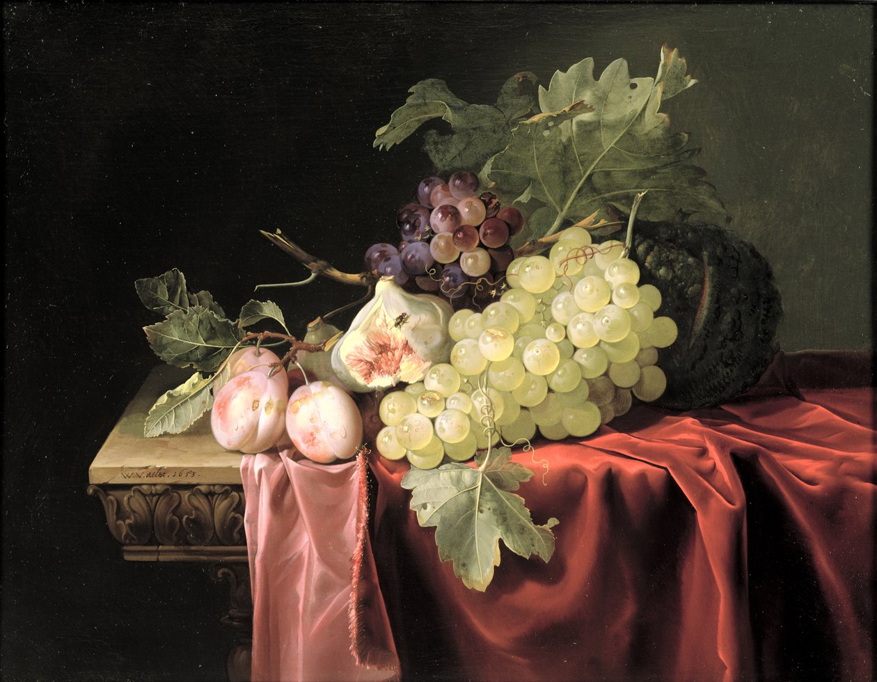 Et stilleben med druer, plommer, fiken og en melon på en delvis drapert steinhylle, 1653 av Willem van Aelst