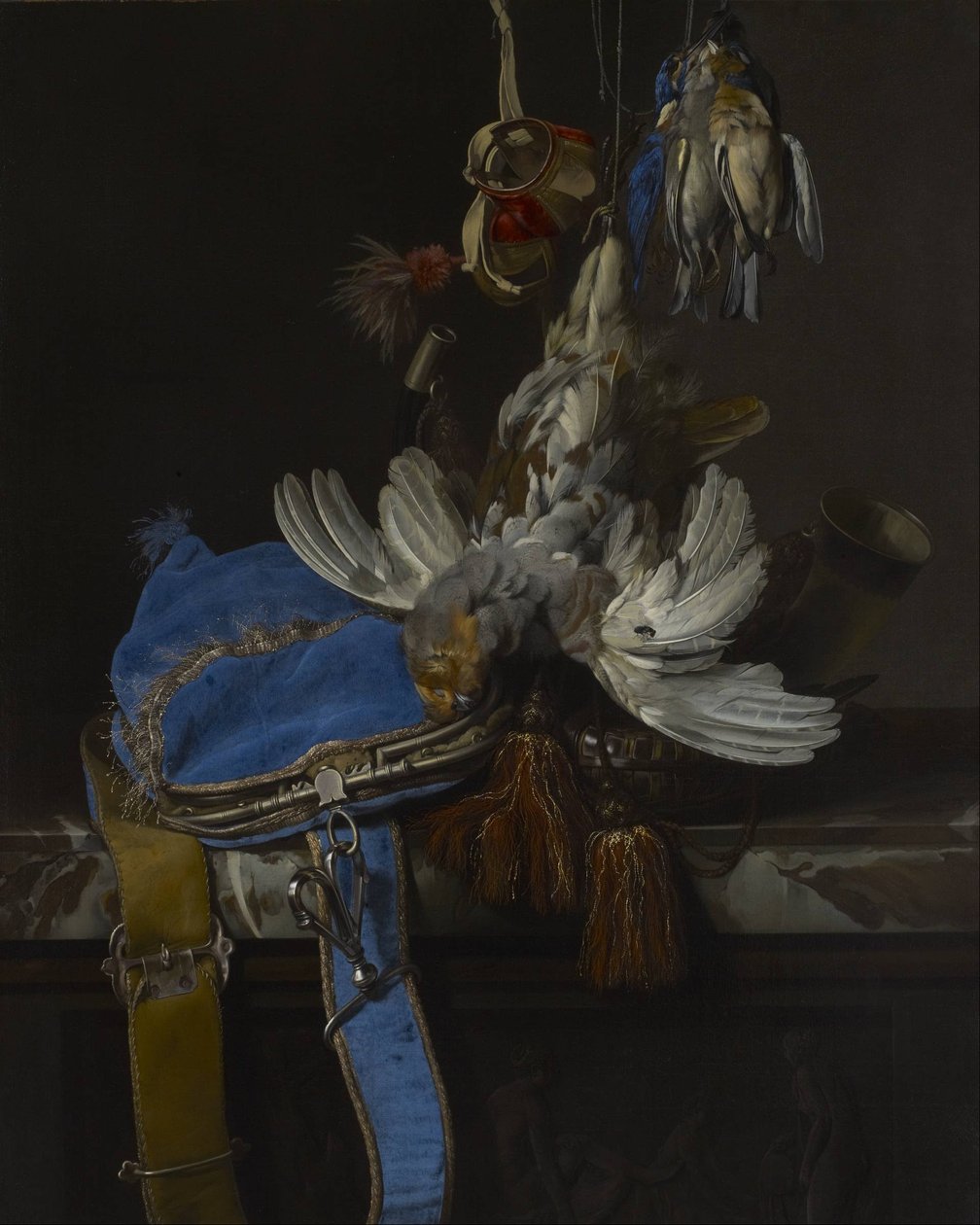 Jakt stilleben med en fløyelspose på en marmorhylle av Willem van Aelst