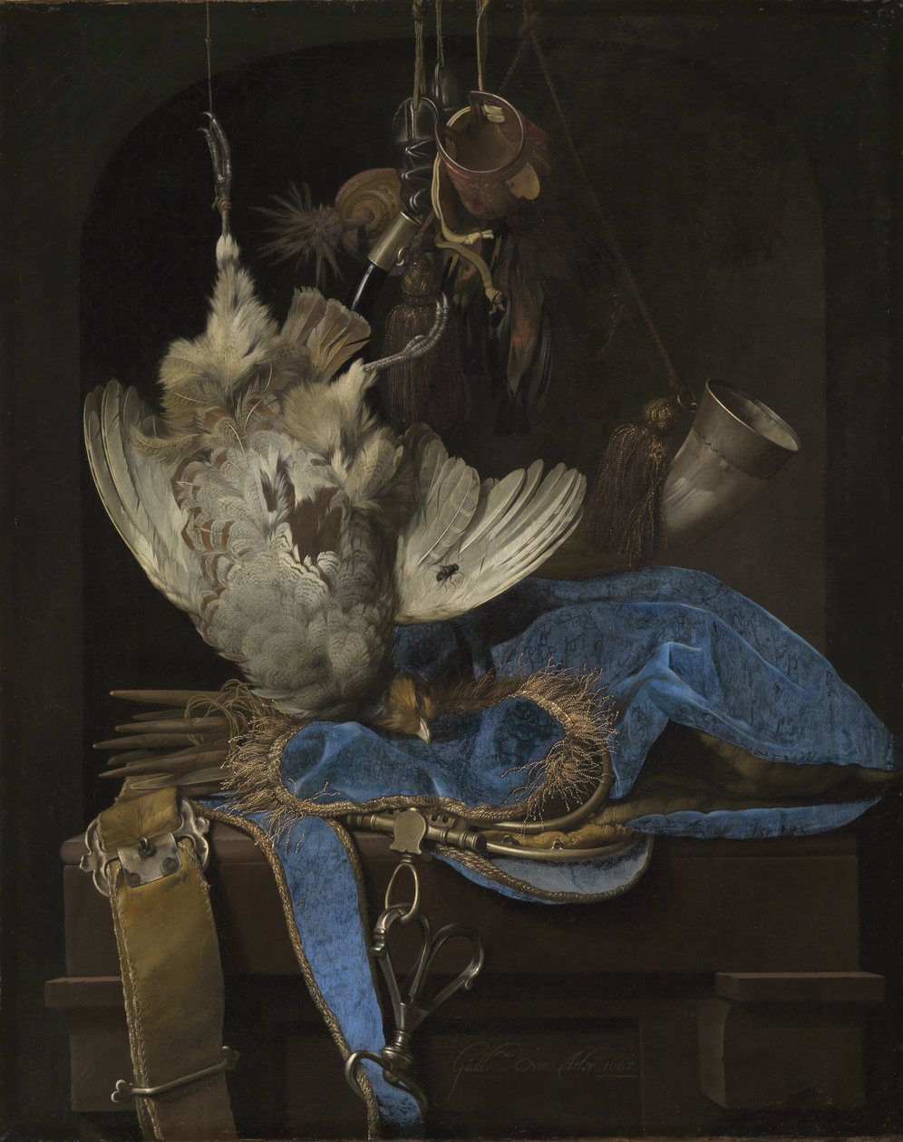 Stilleben med jaktutstyr og døde fugler av Willem van Aelst