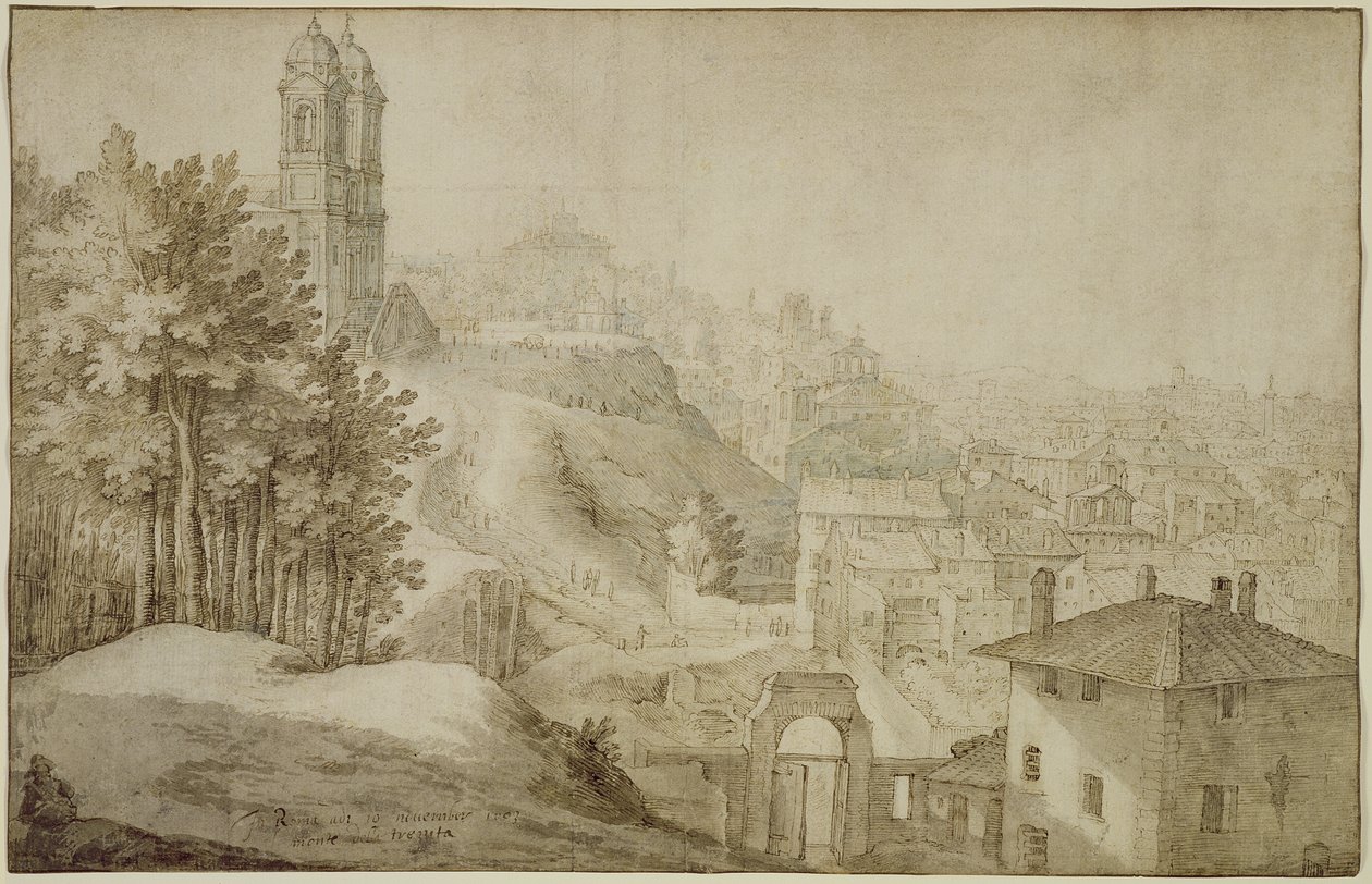PD.516-1963 Utsikt over Trinita dei Monti, Roma, 1603 (penn og blekk med vask) av Willem van Nieulandt