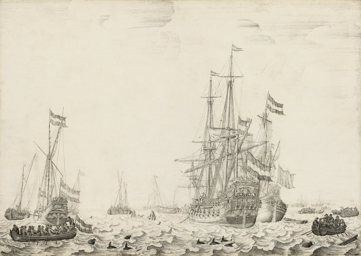 Hollandske skip nær kysten, tidlig på 1650-tallet av Willem van de Velde