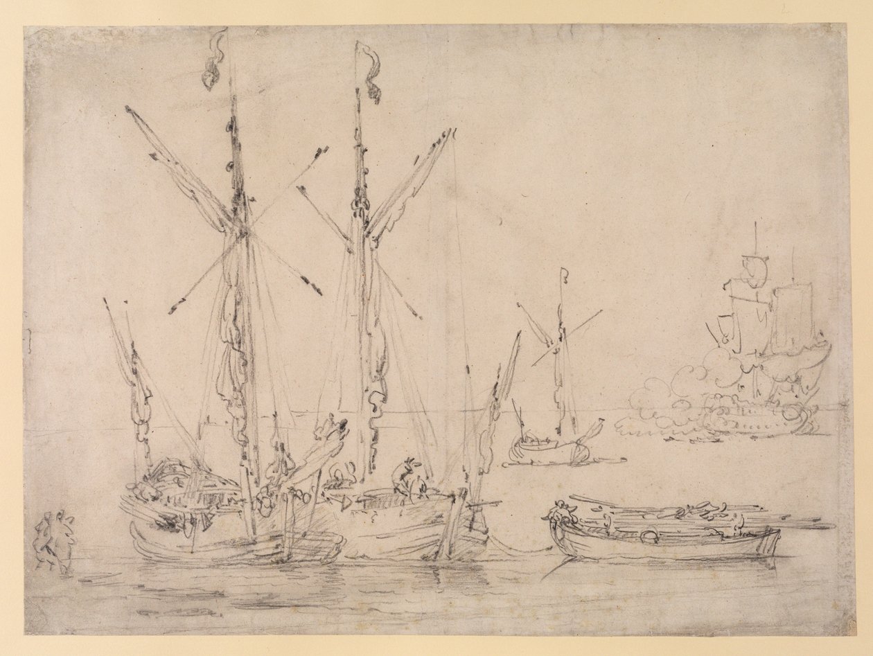 Elvemunningsscene: tre gallioter, en lekter og en fregatt som avfyrer en salutt, ca. 1675 (grafitt på papir) av Willem van de Velde