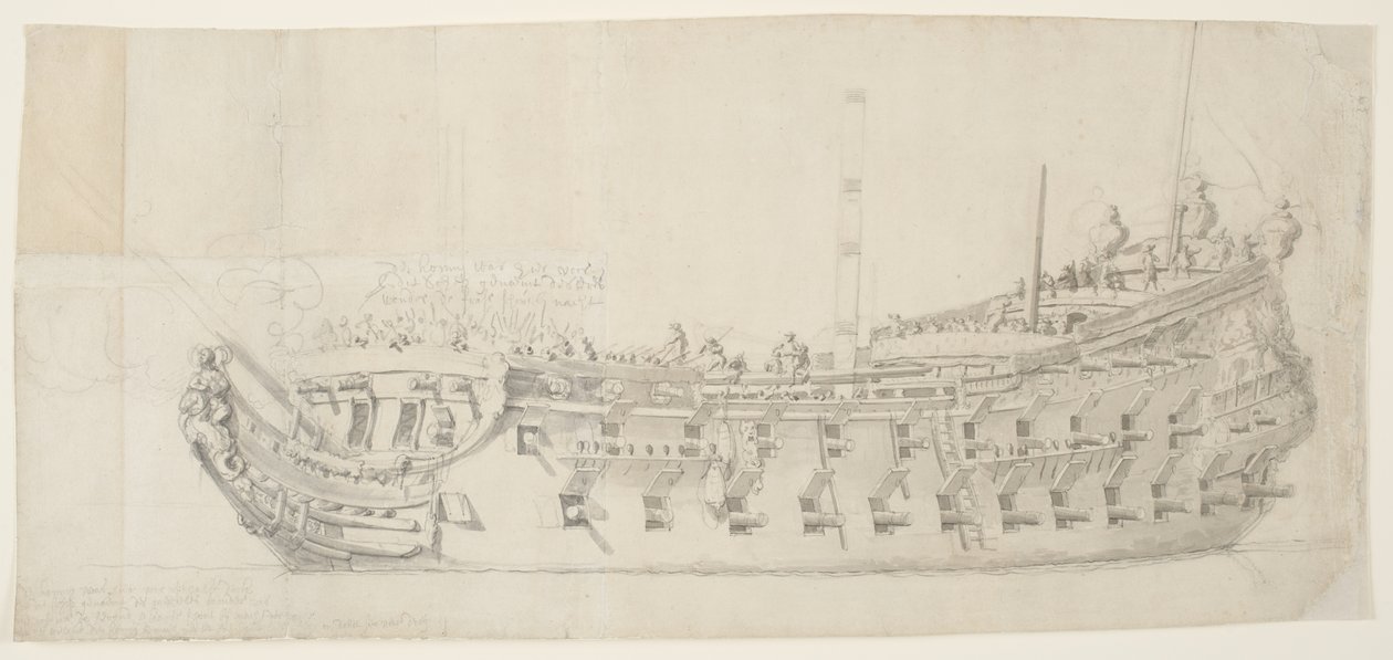 The French Man-O-War Royale Thérese, 1673 (svart kritt med grå vask på medium, glatt kremlagt papir) av Willem van de Velde