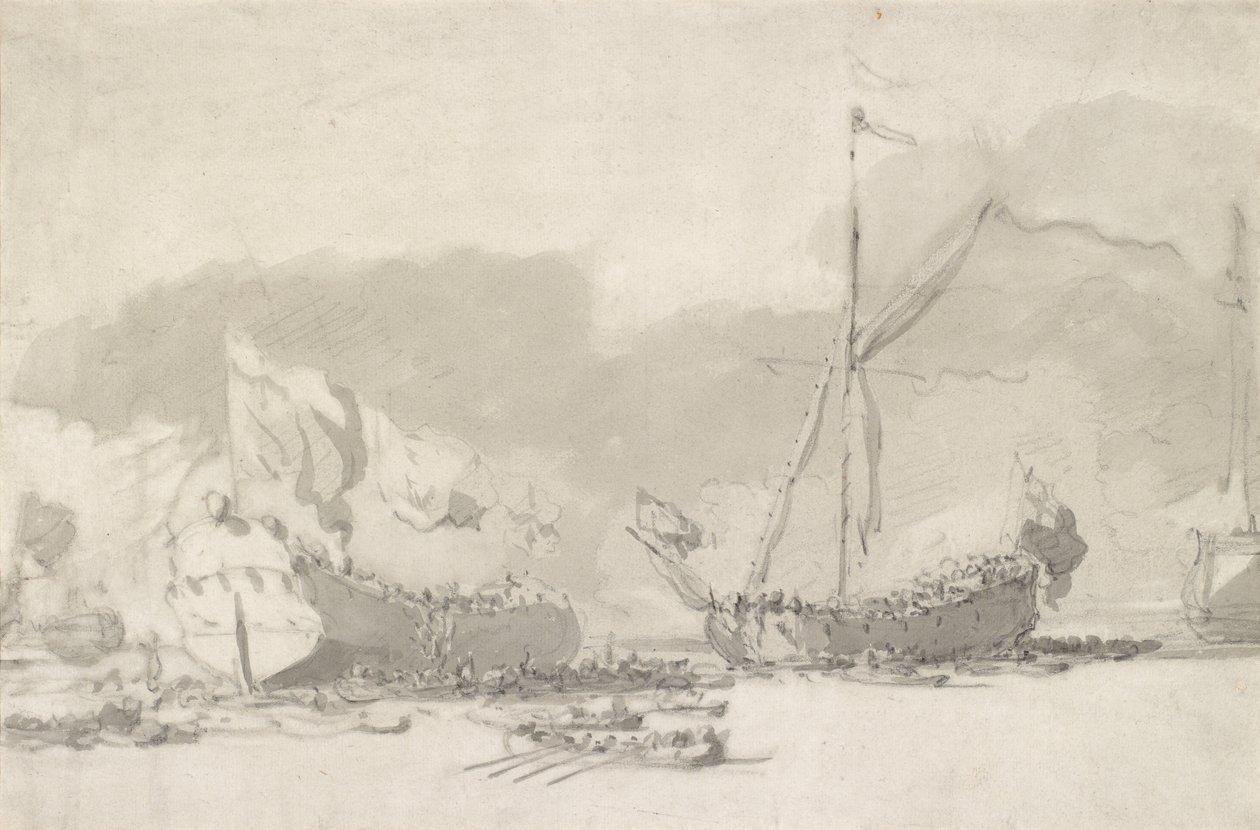 Lanseringen av et enkeltdekks krigsskip med en kongelig yacht til stede, sent på 1600- og tidlig på 1700-tallet (svart kritt og grå vask på lagt papir) av Willem van de Velde