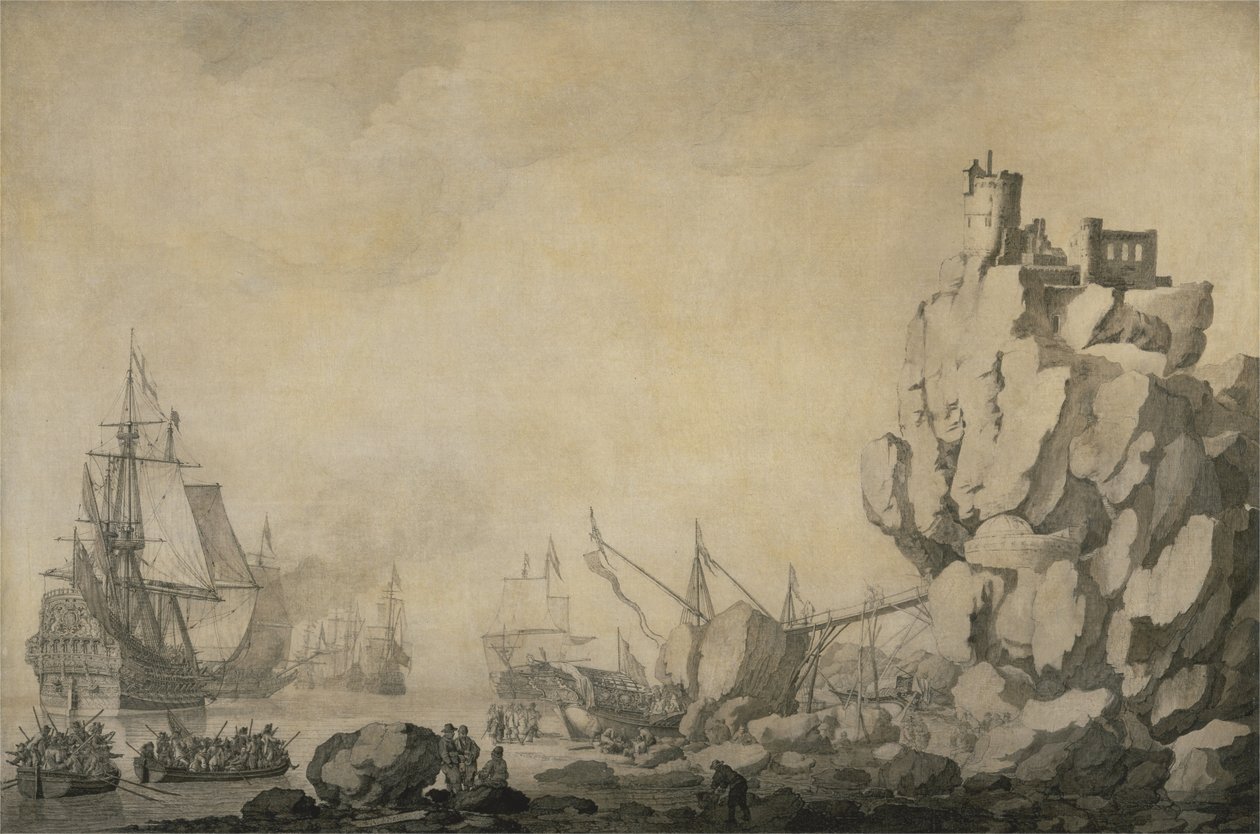 Skip og milits ved en steinete strand av Willem van de Velde the Elder