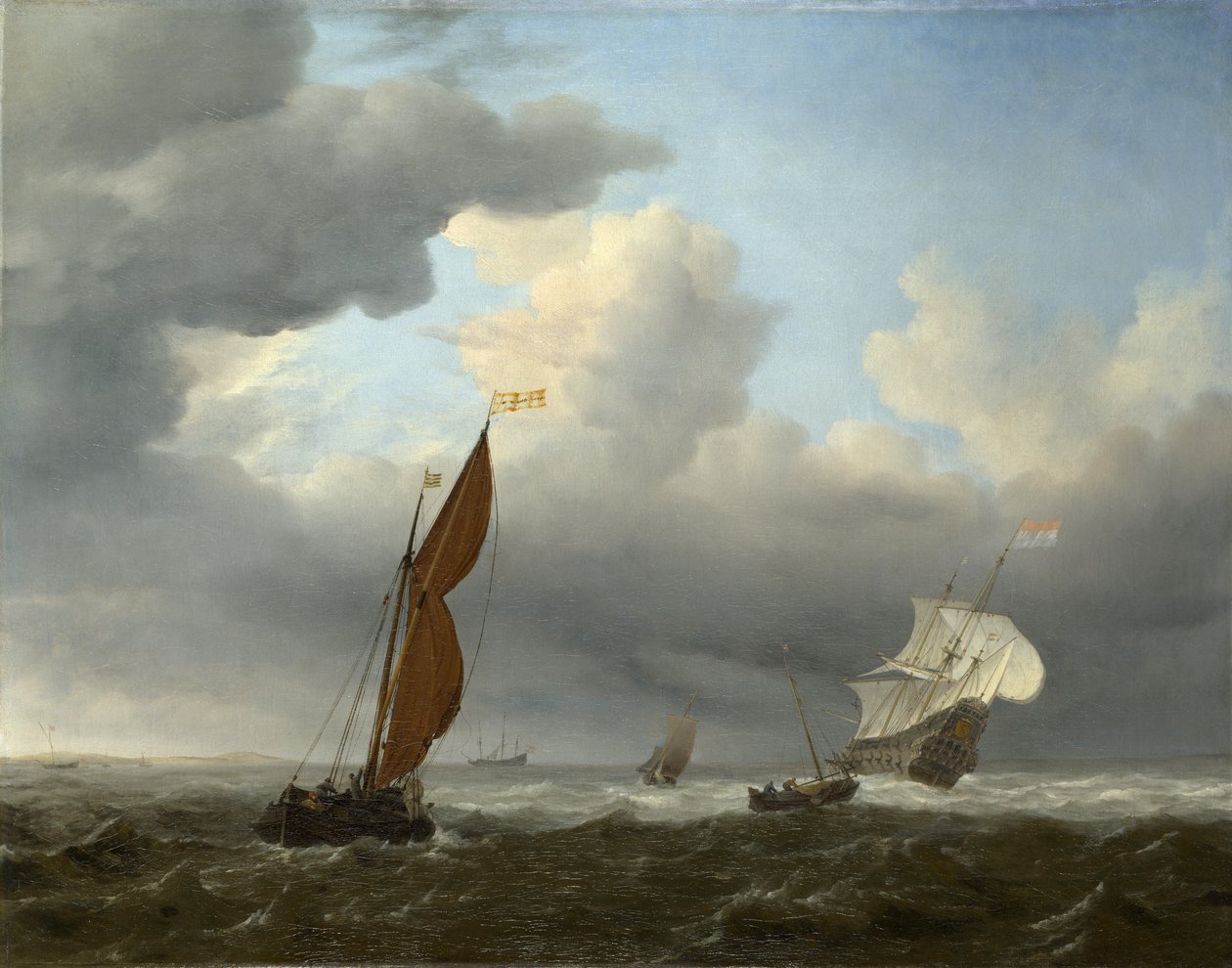 Et nederlandsk skip og andre små fartøyer i sterk vind av Willem van de Velde the Younger