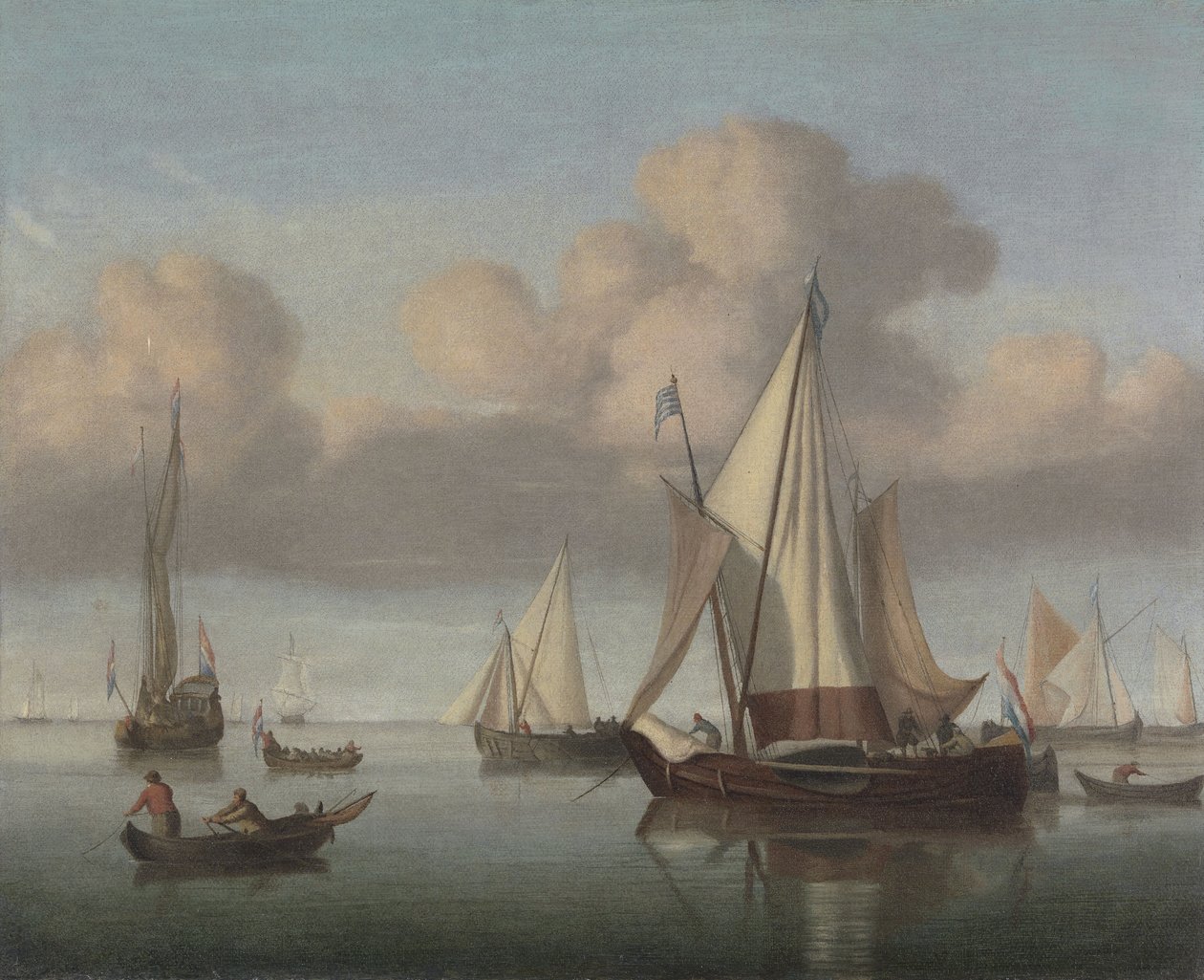 En Kaag på anker med seil heist og en statlig yacht og annet fartøy av Willem van de Velde the Younger
