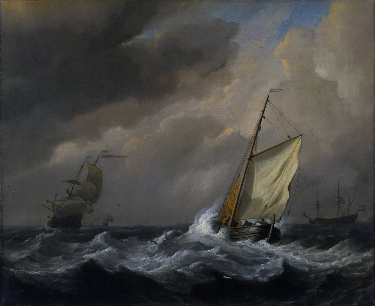 Et lite nederlandsk fartøy nært i en sterk bris av Willem van de Velde the Younger