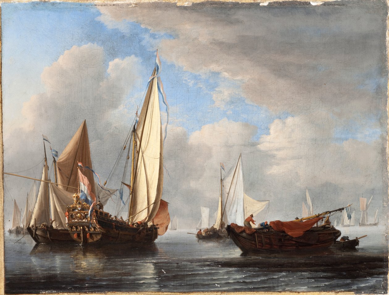 En yacht og andre fartøy i ro av Willem van de Velde the Younger