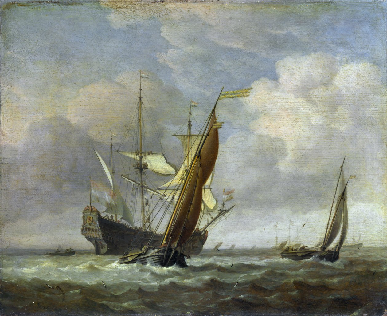 To små fartøyer og en nederlandsk krigsmann i en bris av Willem van de Velde the Younger