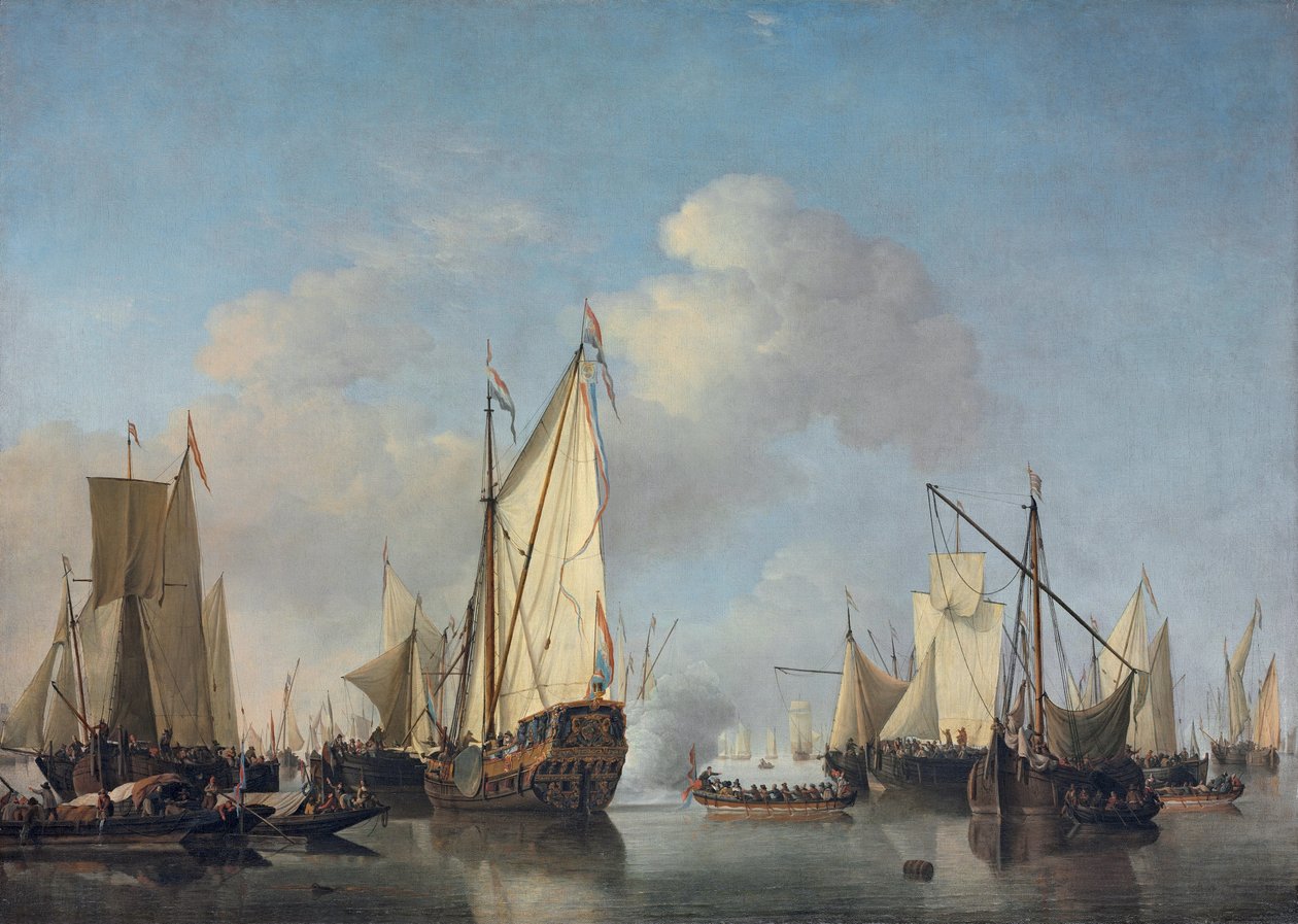 En States Yacht og andre fartøyer i en veldig lett luft av Willem van de Velde the Younger