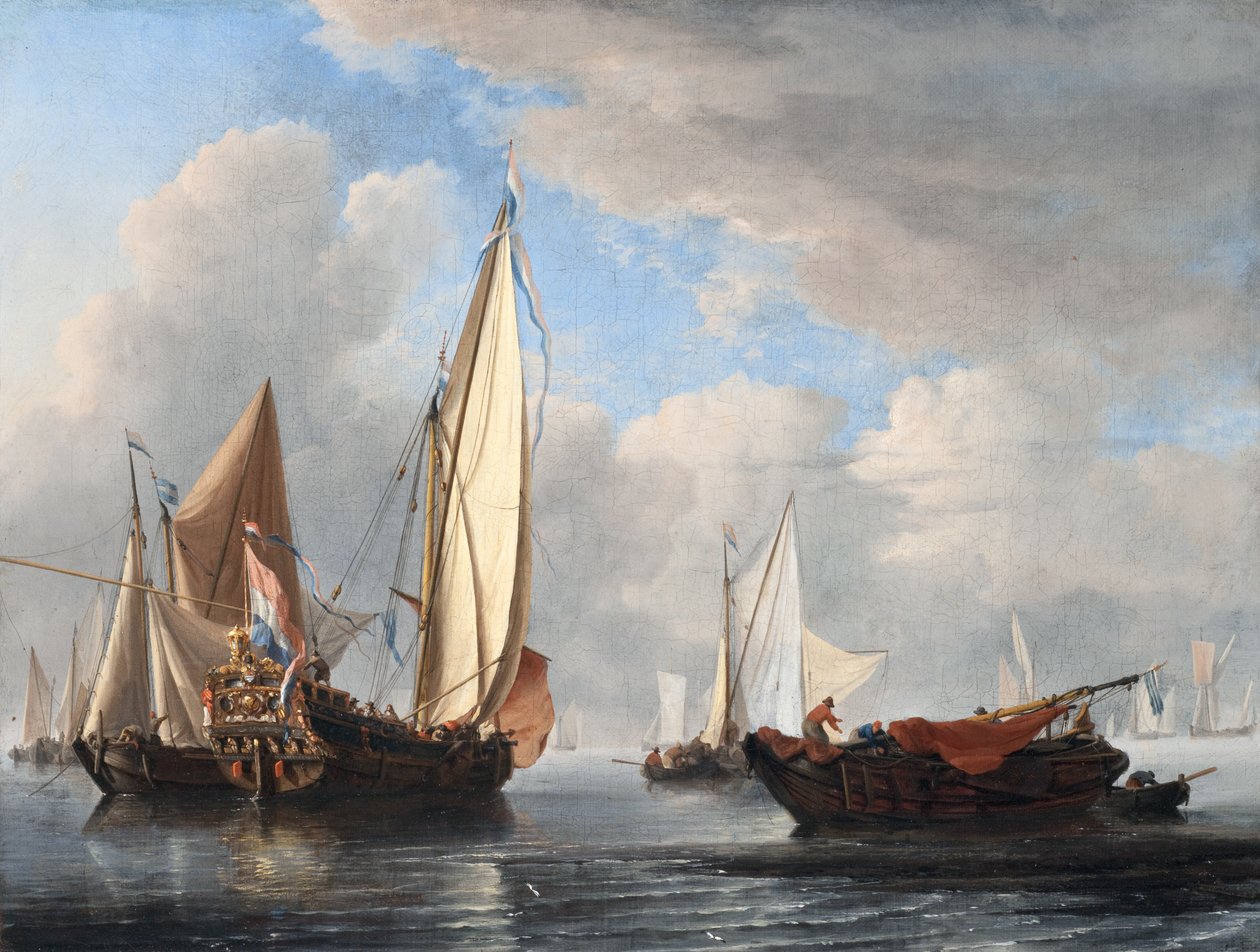En yacht og andre fartøyer i ro av Willem van de Velde the Younger
