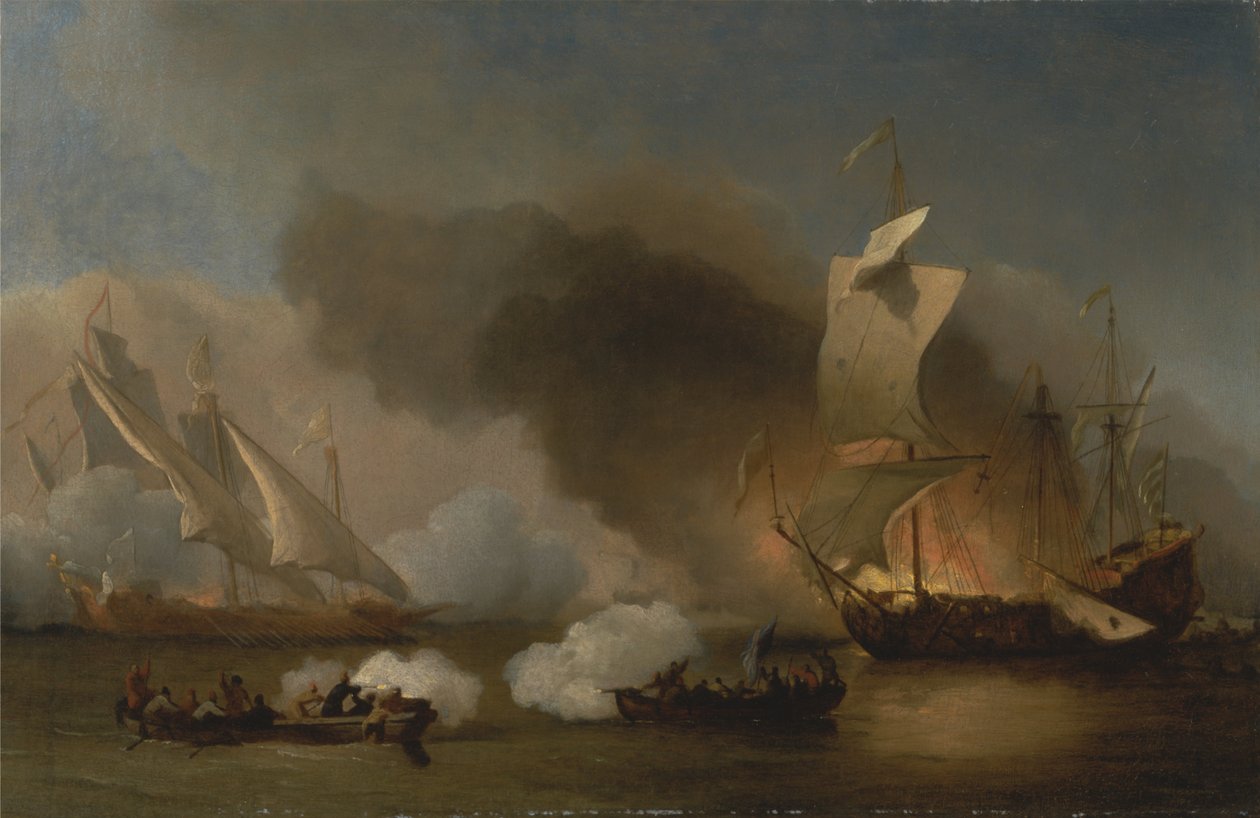 En aksjon utenfor Barbary -kysten med galeier og engelske skip av Willem van de Velde the Younger