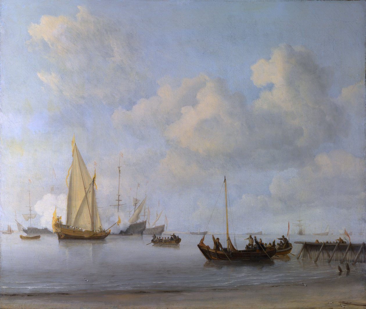 Båter trekker ut til en yacht i ro av Willem van de Velde the Younger