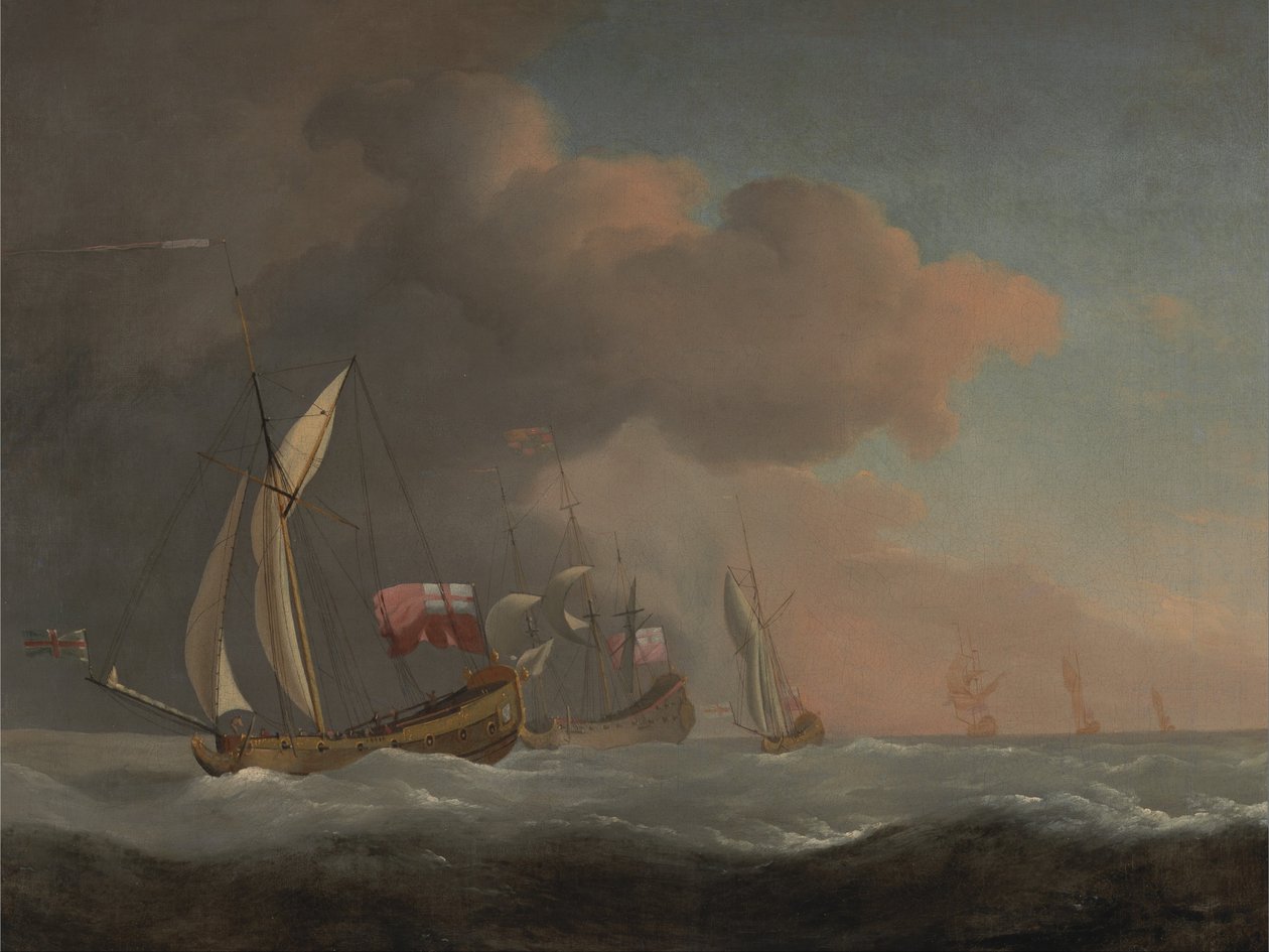 Engelsk Royal Yachts at Sea in a Strong Breeze, i selskap med et skip som flyr Royal Standard av Willem van de Velde the Younger