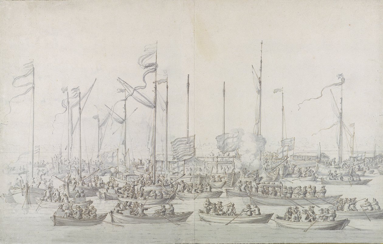 Feiring på Themsen nær Whitehall, etter kroningen av James II (1633-1701) (penn og brunt blekk, grafitt og grå vask) av Willem van de Velde the Elder