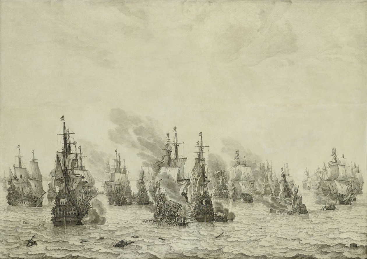 Slaget ved Livorno eller Leghorn, ca. 1659-99 (pennemaleri på panel) av Willem van de Velde the Elder