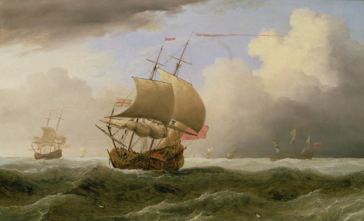 Et engelsk skip nærgående i en sterk bris (olje) av Willem van de Velde the Younger