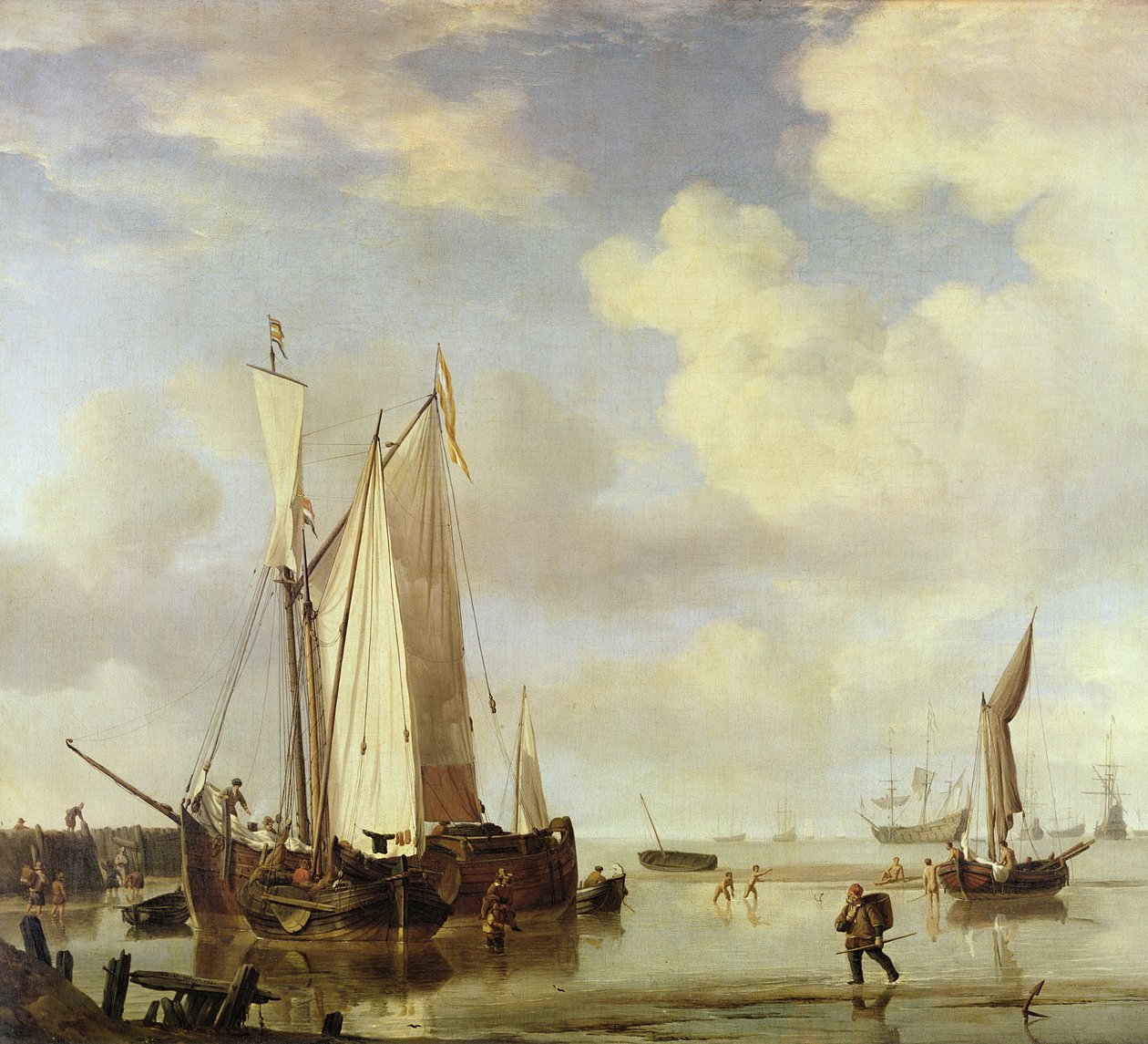 Nederlandske fartøyer ved kysten og menn som bader, 1661 av Willem van de Velde the Younger
