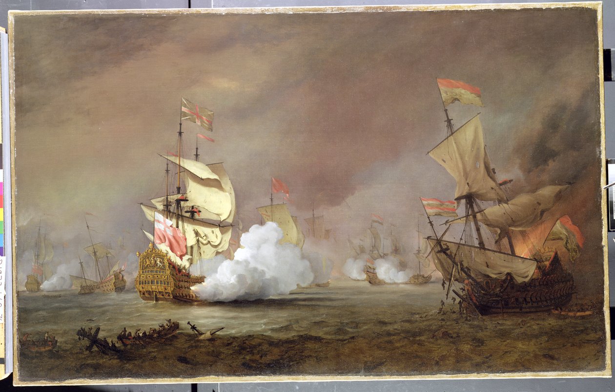 Sjøslaget under de anglo-nederlandske krigene, ca. 1700 av Willem van de Velde the Younger
