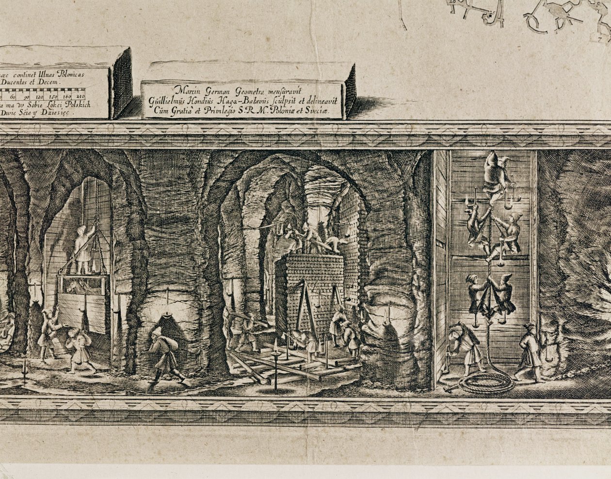 Saltgruvene i Wieliczka nær Krakow produserte omtrent en tredjedel av de polske kongenes inntekter … (gravering) av Willem (c.1597-1660) Hondius