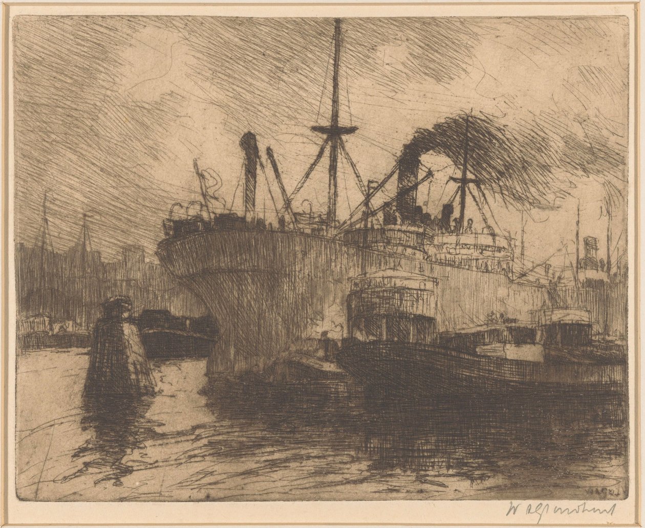 Fortøyde skip i havnen i Rotterdam av Willem Adrianus Grondhout (signed by artist)