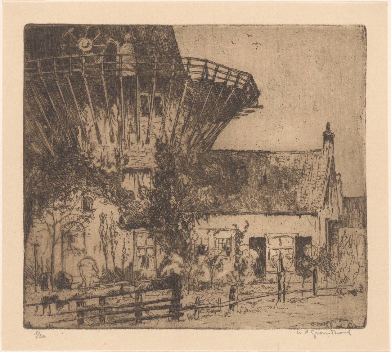Hus ved foten av en tårnmølle i Leidschendam av Willem Adrianus Grondhout (signed by artist)
