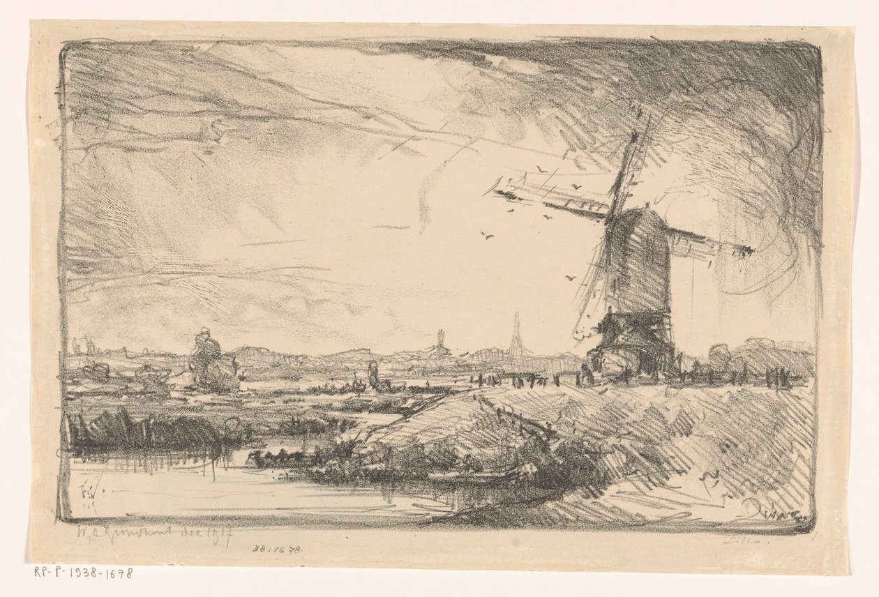 Landskap med vindmølle nær Leiden av Willem Adrianus Grondhout (signed by artist)