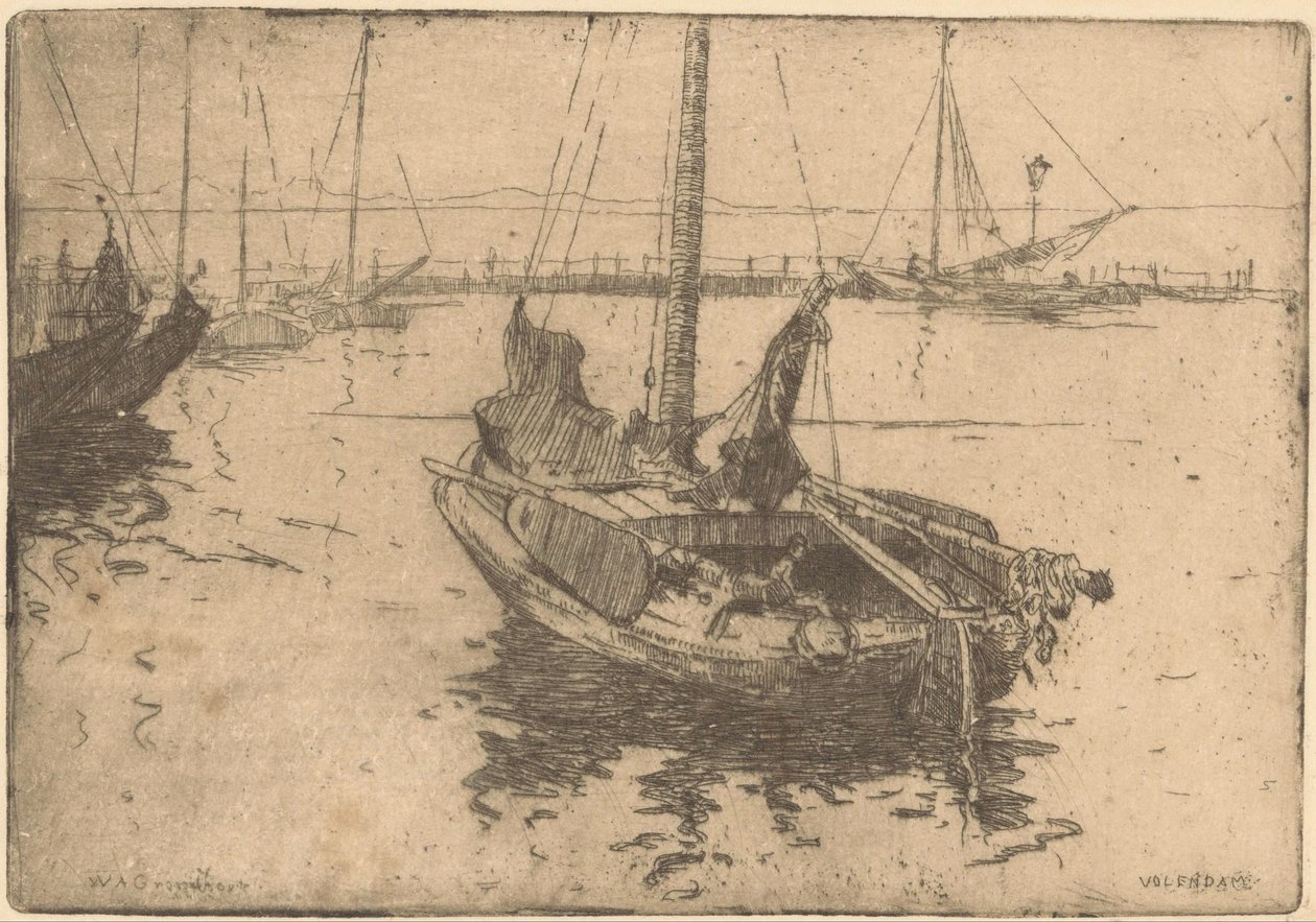 Lemmere i havnen i Volendam av Willem Adrianus Grondhout (signed by artist)