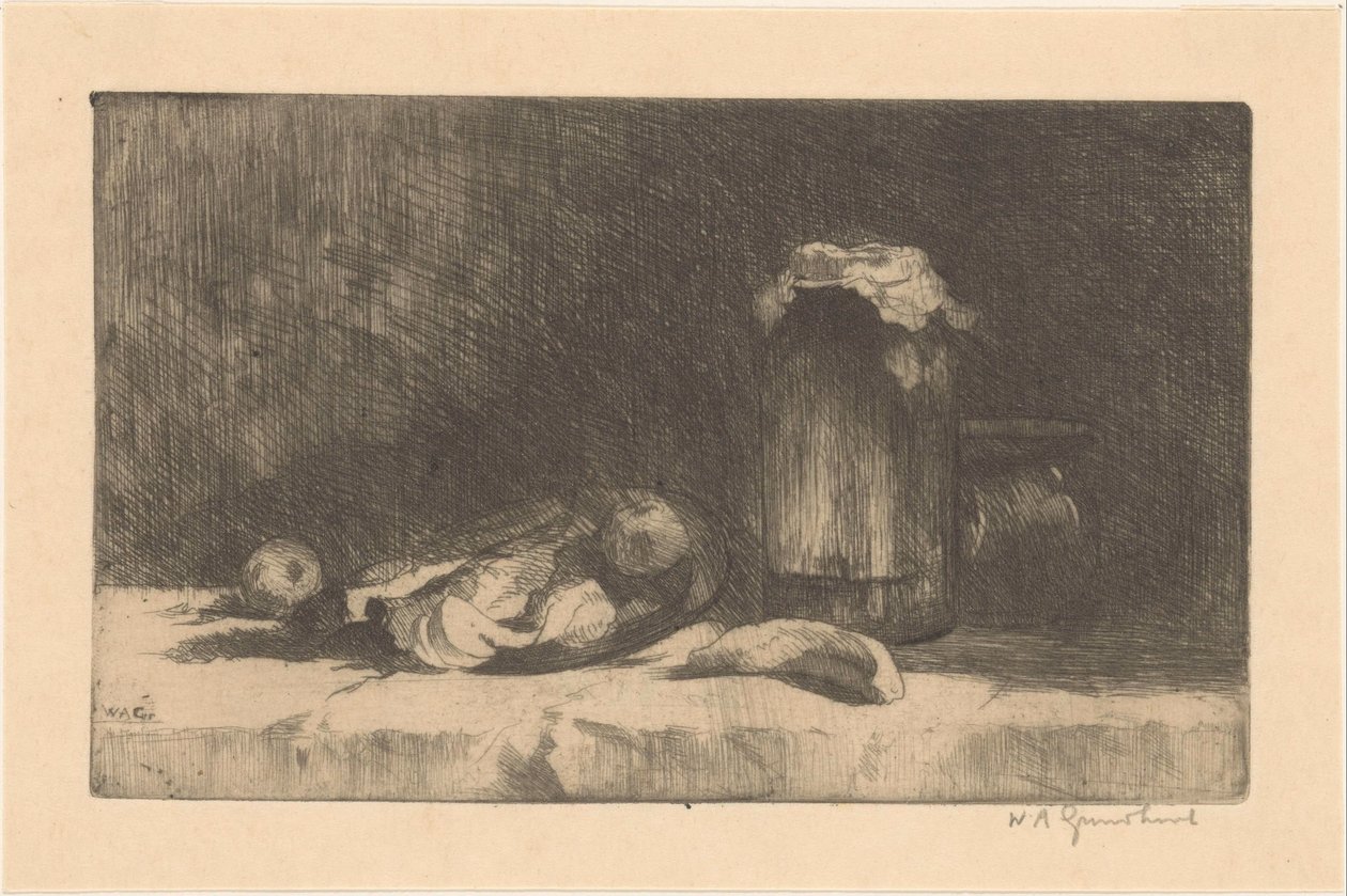 Stilleben med frukt og hermetikkflaske av Willem Adrianus Grondhout (signed by artist)