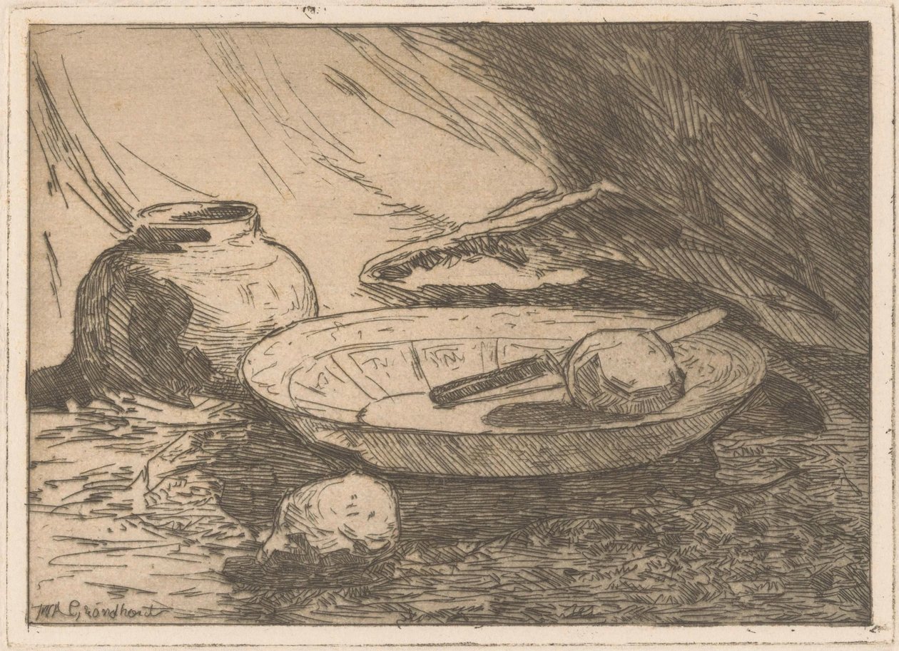 Stilleben med gryte og bolle av Willem Adrianus Grondhout (signed by artist)