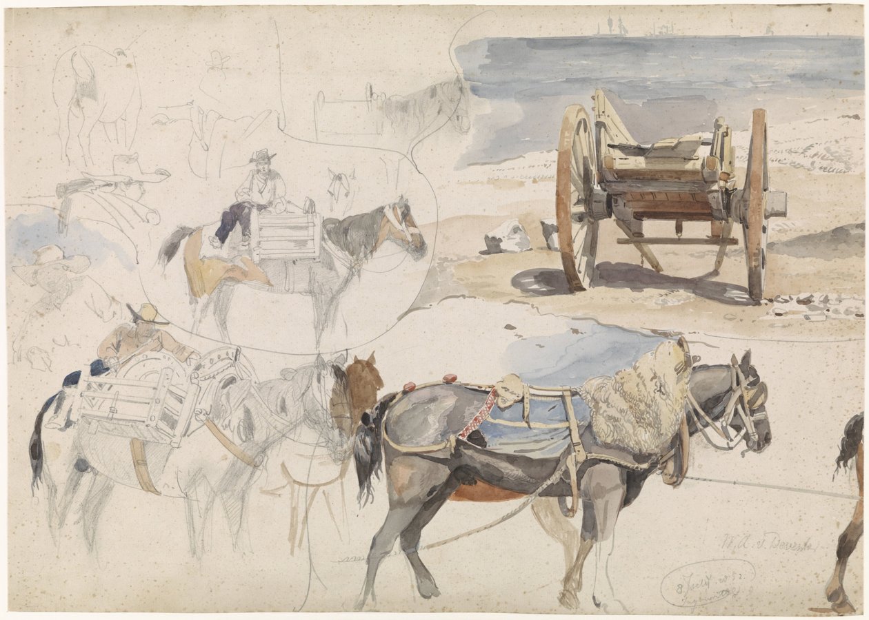Studieark med skjellvogn på stranda og ulike studier av hester av Willem Anthonie van Deventer