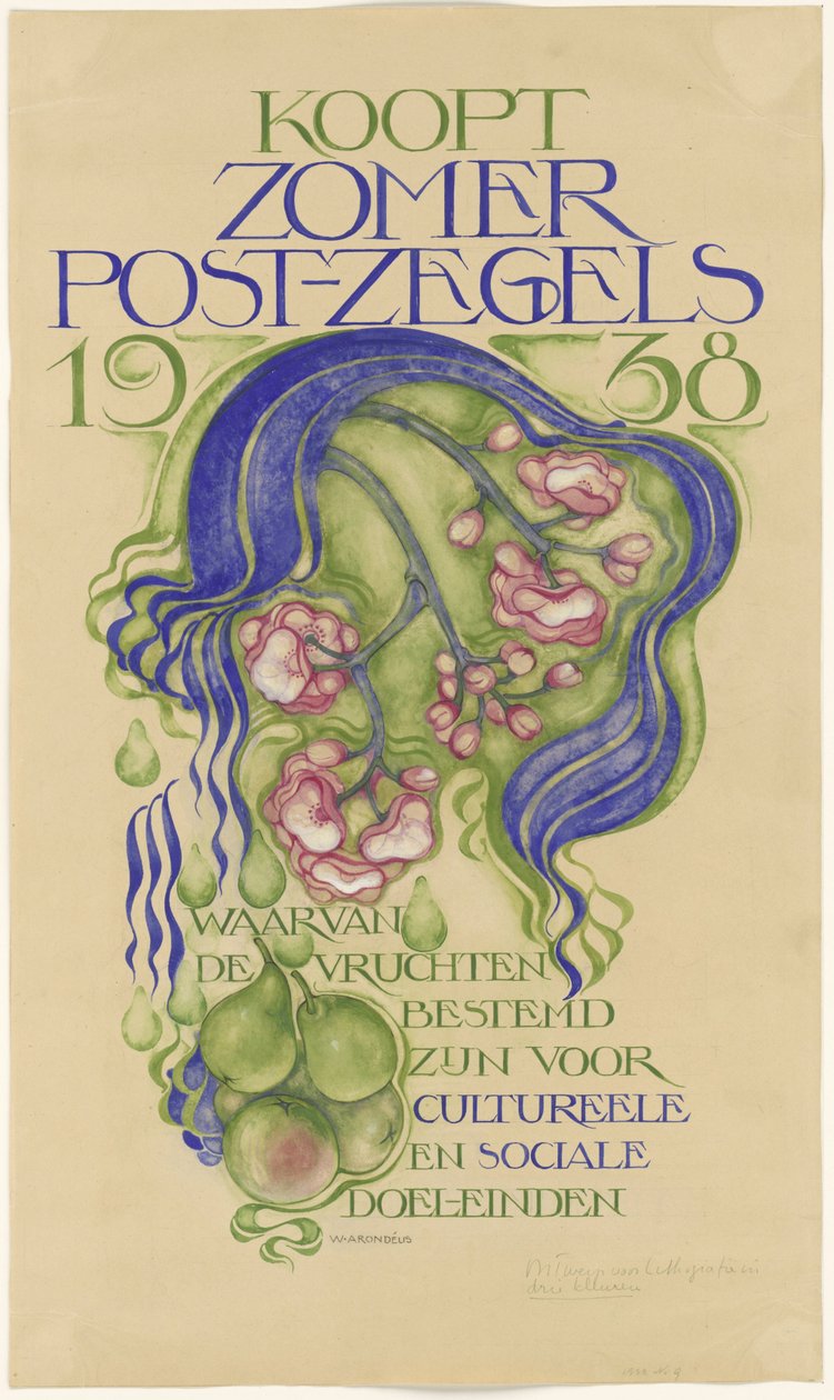Design for en plakat for salg av sommerfrimerker for året 1938 av Willem Arondéus (signed by artist)