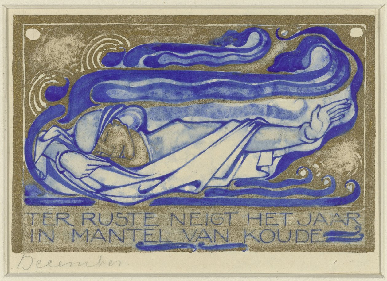 I hvile går året i kappe av kulde, desember (tittel på objekt) Designkalenderark for Dutch Art Association Calendar 1930 (serietittel) av Willem Arondéus