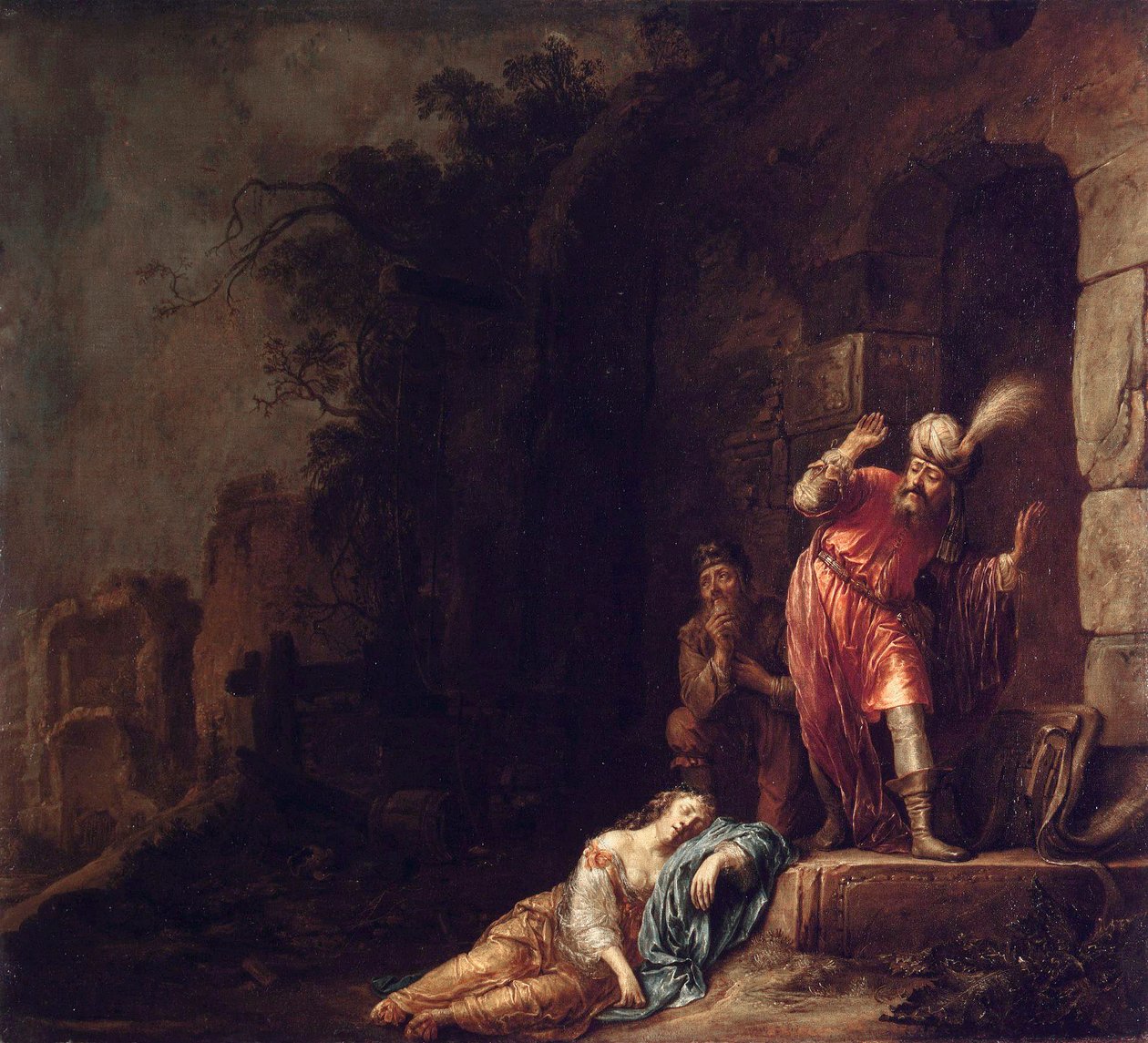 ""Levitten av Efraim"" Levitten oppdager den livløse kroppen til hans elskede misbrukt av banditter (Death of the Levite