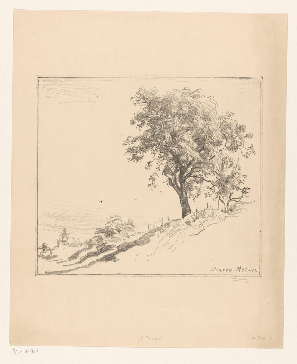 Landskap med et tre på en dike i Dieren Tre på dike (original tittel) av Willem Bastiaan Tholen (signed by artist)