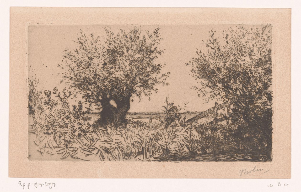 Landskap med eng, poller og gjerde Willows (Kaag) (original tittel) av Willem Bastiaan Tholen (signed by artist)