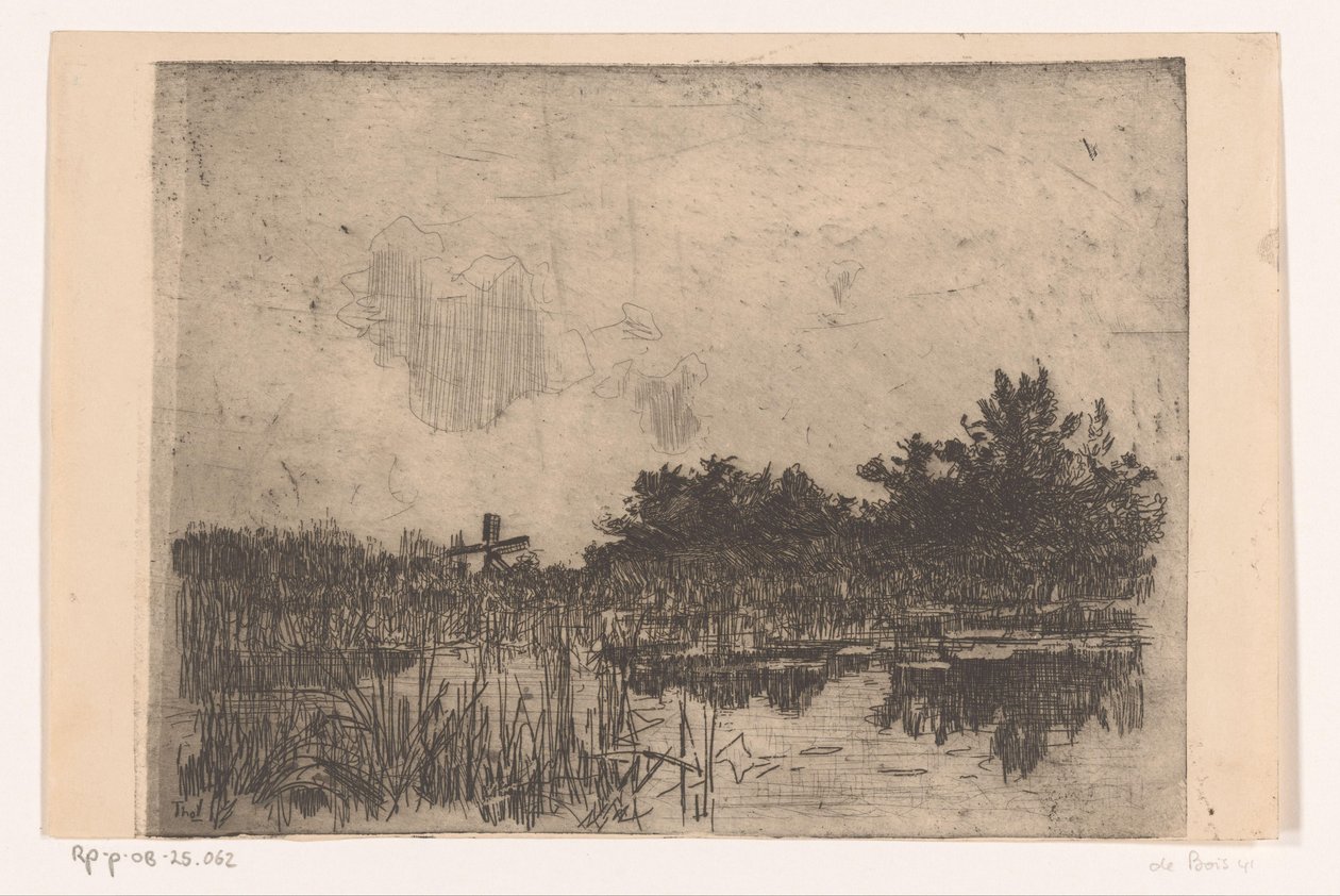 Innsjø med siv og vannmølle, nær Giethoorn Kolk med vannmølle (Giethoorn) (original tittel) av Willem Bastiaan Tholen