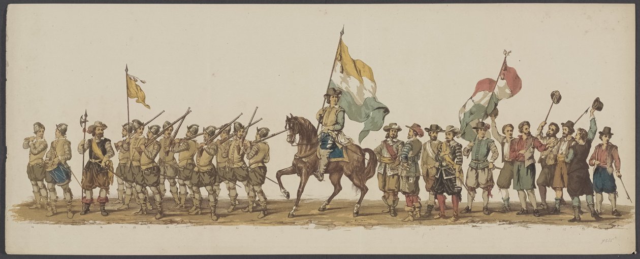 Delft parade av 1862, første og andre gruppe Fjerde Lustrum ved Royal Academy i Delft - Ao. 1862 - Costumed Optogt (serietittel på objekt) av Willem Bernardus IJzerdraat