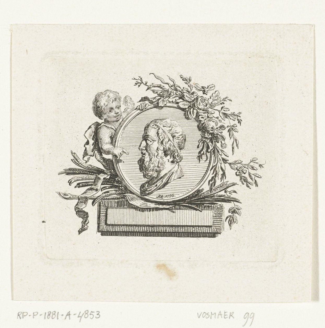 Byste av Homer på en medaljong holdt av en engel og dekorert med blomster og palmegrener av Willem Bilderdijk