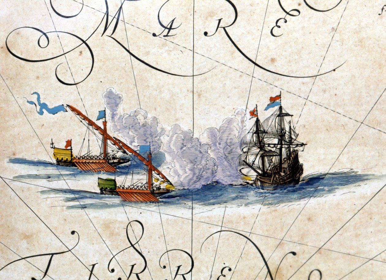 Kamp mellom to bysser og en karakk. Atlas av Willem Janszoon Blaeu (1571 - 1638) av Willem Blaeu