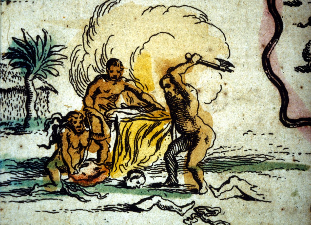Brasil. Kannibaler som viser en mann med en øks. Detalj av et kart over Atlas of W. Blaeu av Willem Blaeu